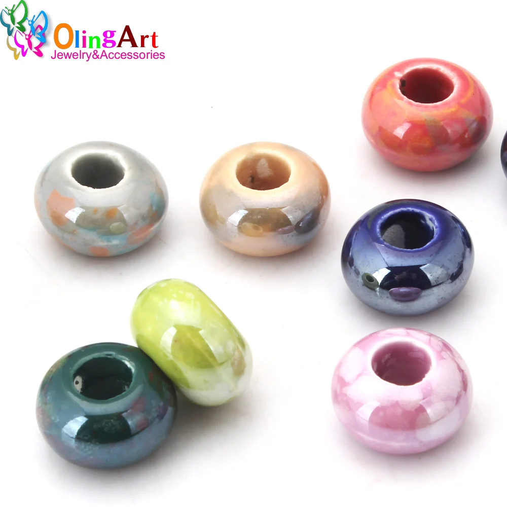 OlingArt 14x9mm 12Pcs Mix Color Big Hole Electroplating Ceramics Charm Beads For DIY European Bracelet Necklaces Jewelry making