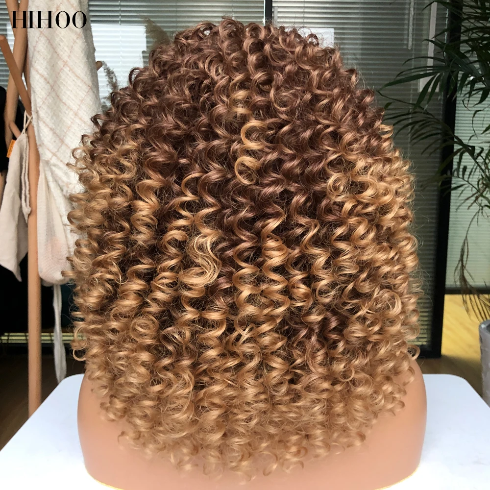 Afro Kinky Curly Wig With Bangs Short Synthetic Wigs For Black Women Omber Brown Blonde Cosplay Hair High Temperature