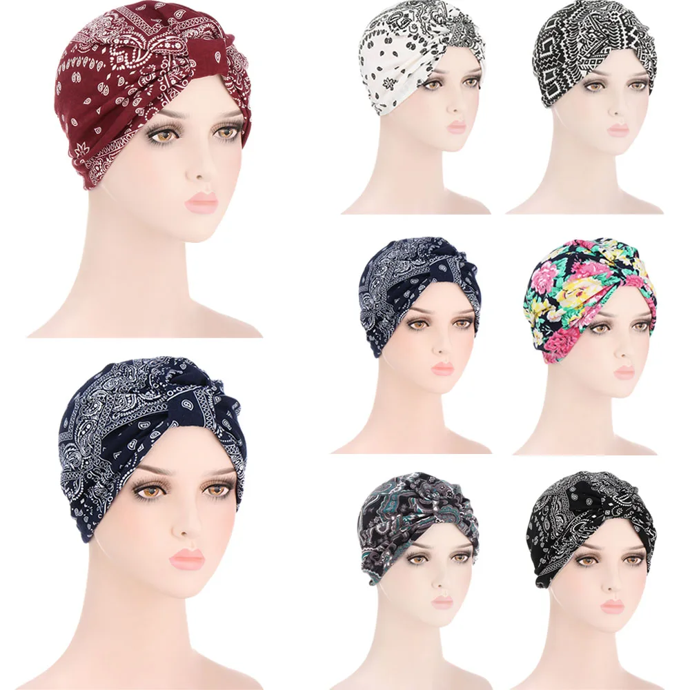 

Trendy Print Lady Turban Bonnet Soft Stretch Flowers India Wrap Head Scarf Inner Hijabs for Women Muslim Headdress Hijab Caps