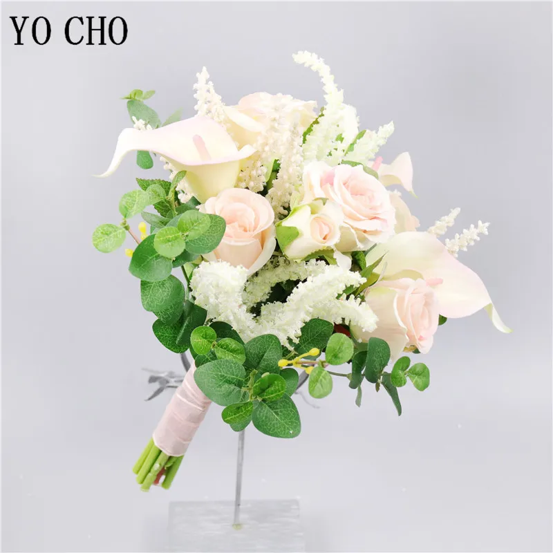 YO CHO สีชมพู Rose Calla Lily ช่อดอกไม้ Handmade เจ้าสาว Wedding Bouquet ดอกไม้ Home Party Decor ใหม่ล่าสุดออกแบบอุปกรณ์จัดงานแต่งงาน