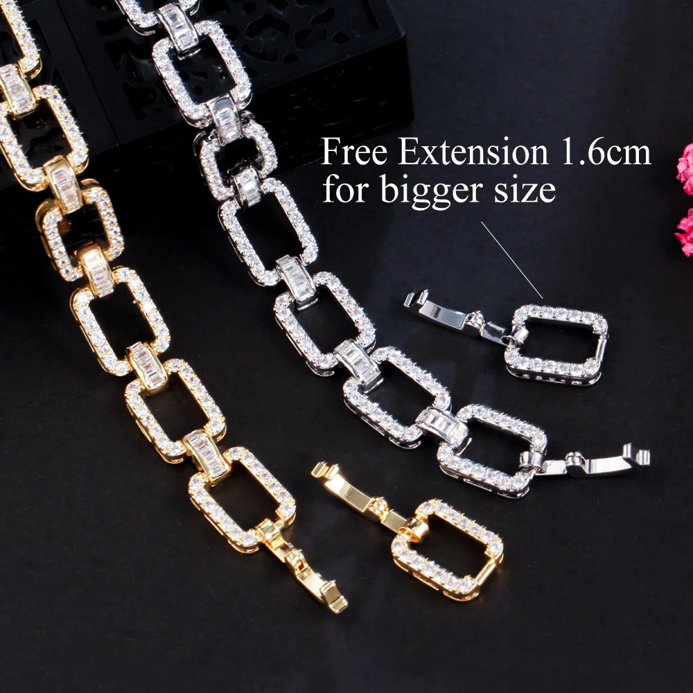 CWWZircons Bling Micro Pave Cubic Zirconia Stone Yellow Gold Color Cuban Link Chain Bracelet for Women New Trendy Jewelry CB278