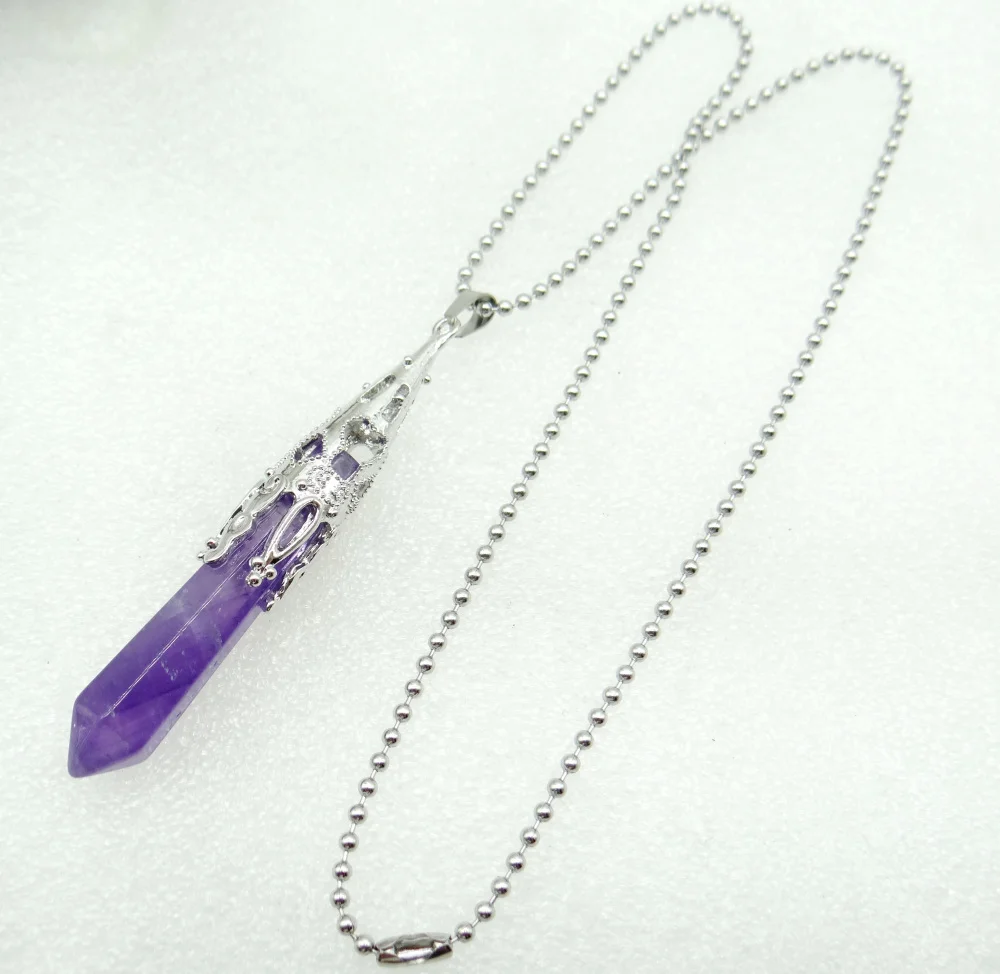 New Arrival Jewelry Silver Color Faceted Natural Stone Crystal Quartz lapis Opal Pendulum Hexagon Suspension Pendant Necklace