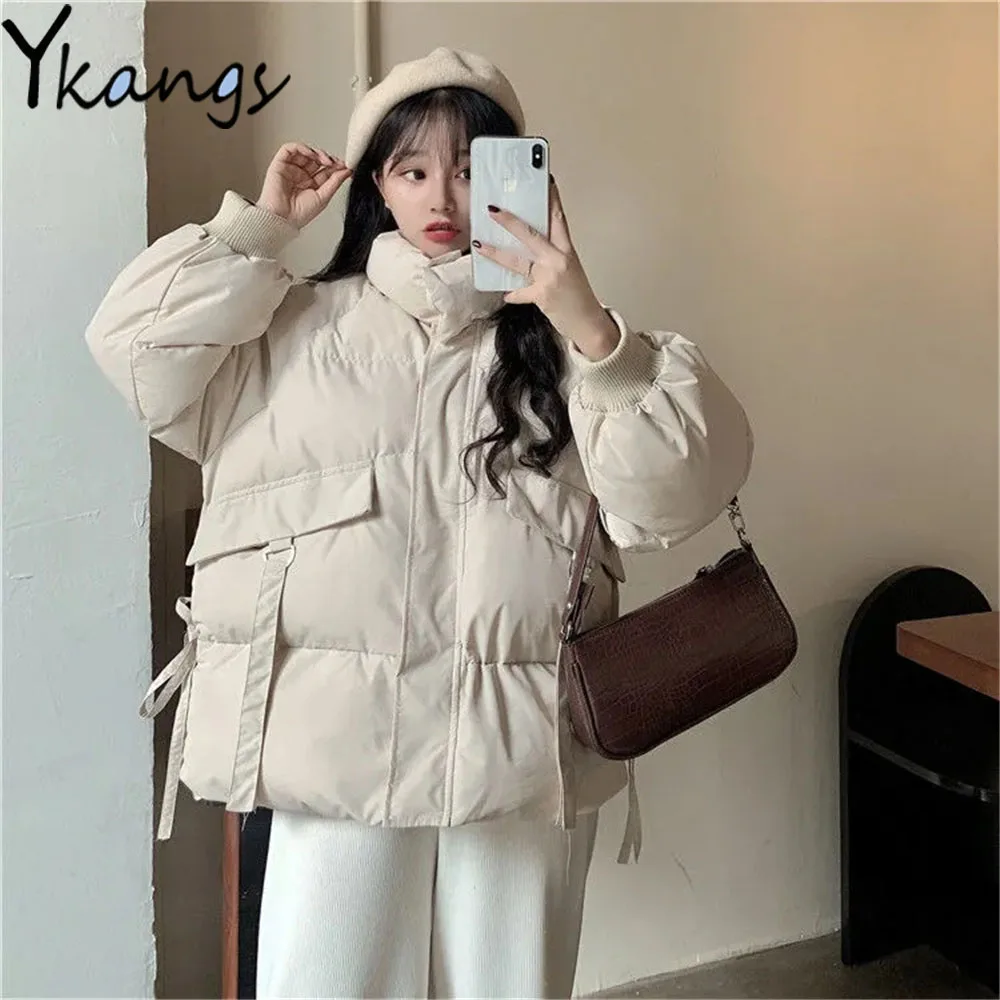 

Ribbon Lace Up Pockets Zipper Cotton Padded Coats Korean Student Warm Winter Thick Quilted Jackets Loose Women Desigual Clothing