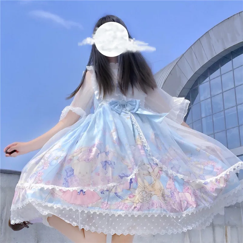 Japanese Sweet Lolita Style Soft Girl Women Dress Kawaii Cartoons Bear Rave Party Ruffles Sleeveless Bow Lace JSK Sling Dresses