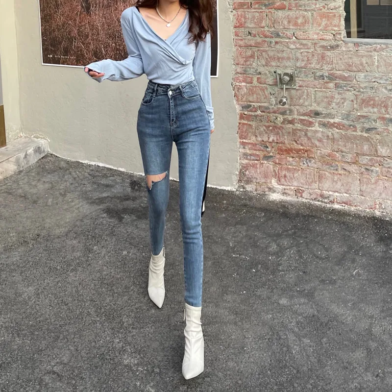 

Woman Skinny Jeans Ripped High Waist Clothes Blue Denim Clothing Streetwear Vintage Quality Nice Sretch Vogue Harajuku