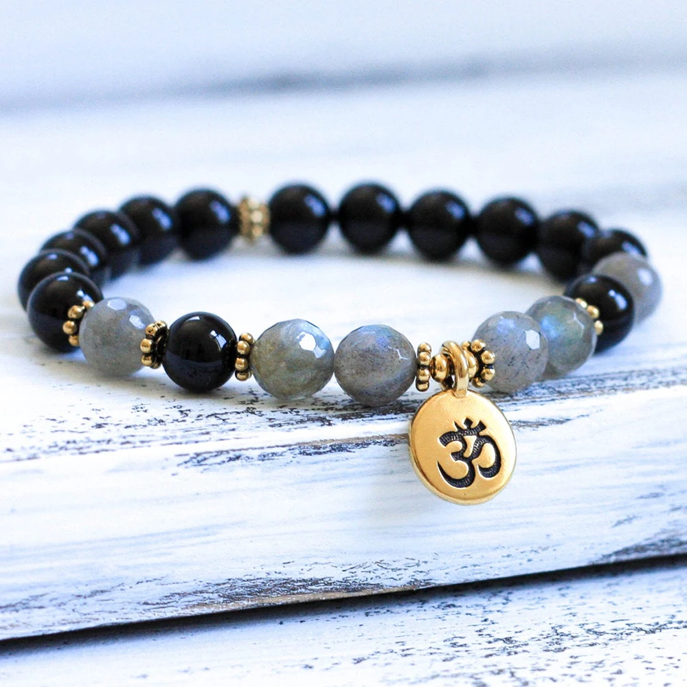 Wholesale 8 mm Faced Labradorite Lotus Bracelet Black Tourmaline Women`s Bracelet Natural Gemstone Energy Yoga Mala Bracelet