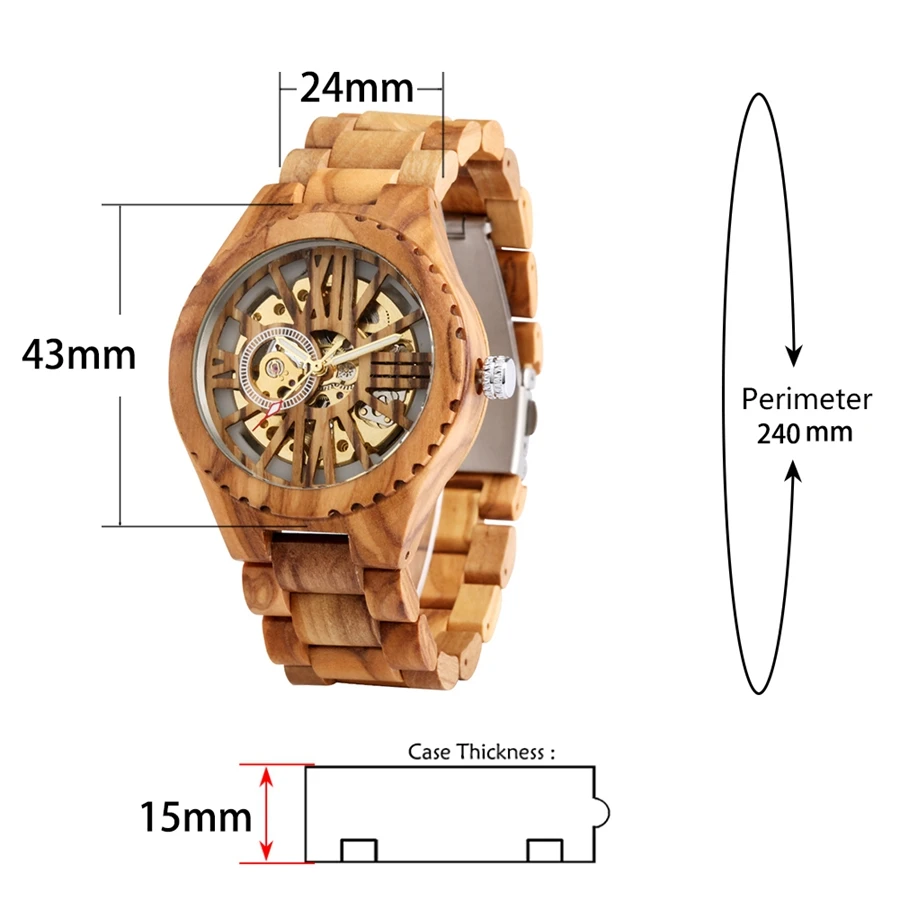 Cherry Wood Mens Watches Retro Hollow Skeleton Dial Automatic Mechanical Wood Clock Adjustable Wooden Bracelet Mens Wristwatch