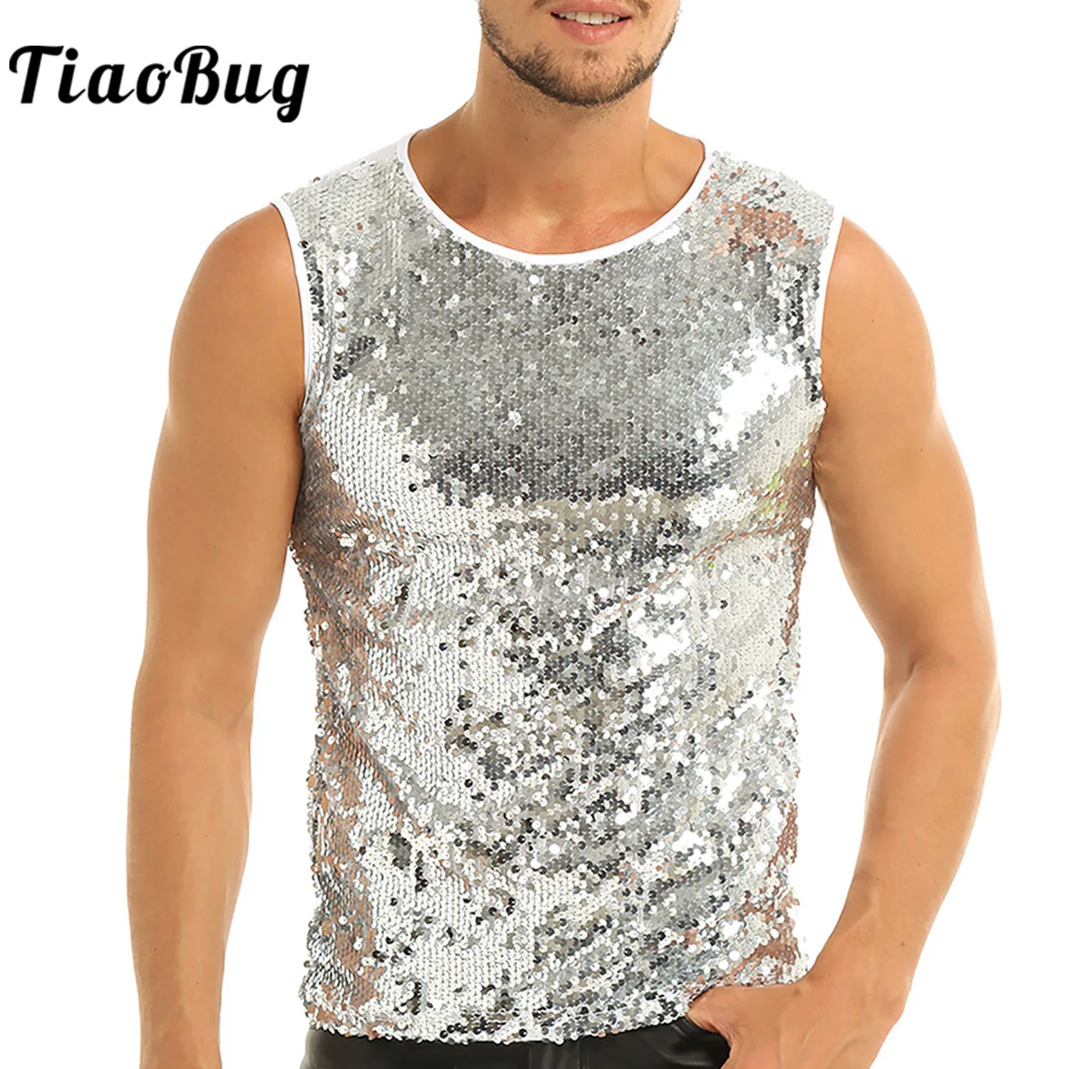 Mens Sequin Tank Top Sleeveless Slim Fit Muscle Crop Tank Vest Top   Sexy Shiny 70s Disco Nightclub Shirt Tee Top Clubwear