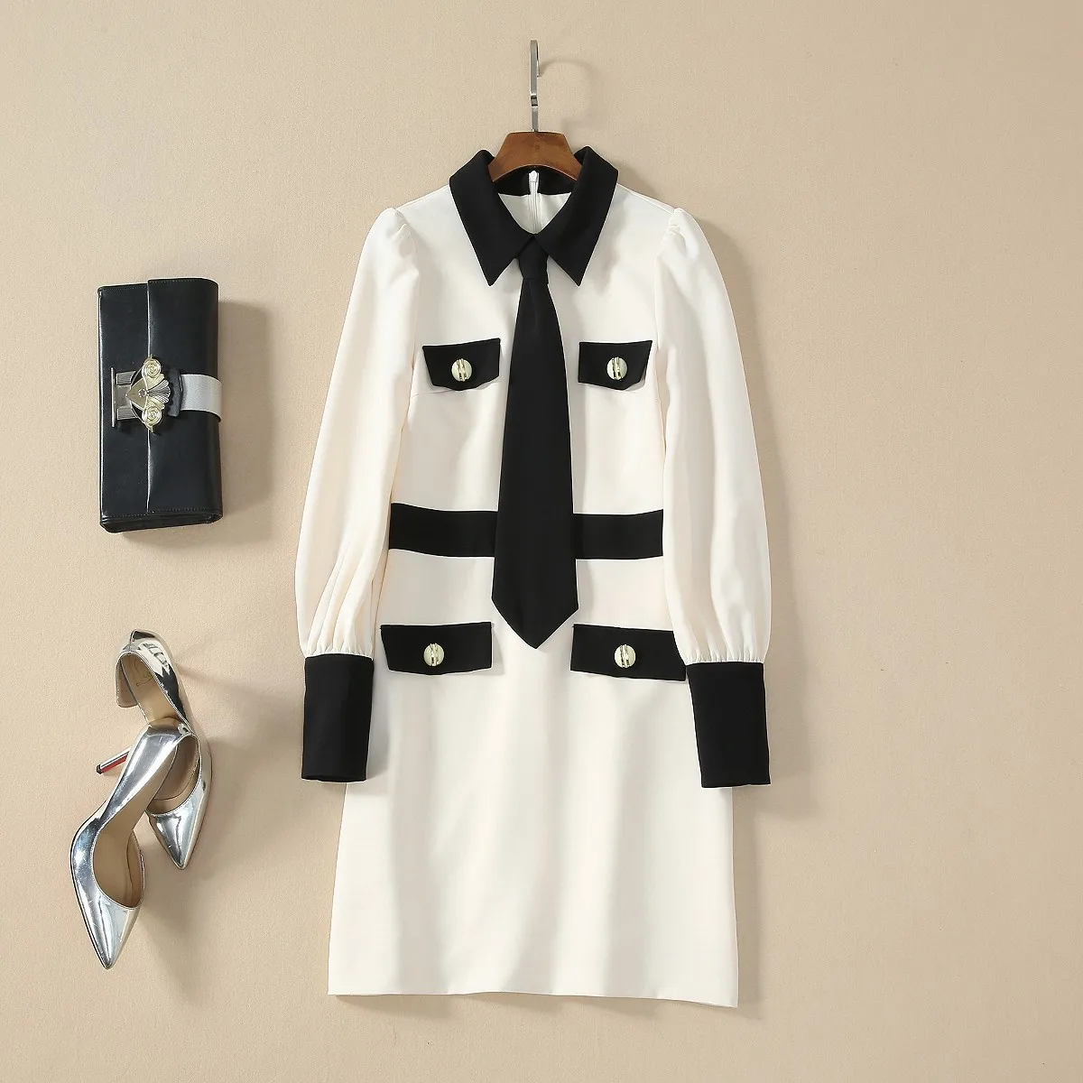 High Quality Designer Nice Nice Runway Women's Long Sleeve Black White Color Block Shirt Collar Pockets Dress