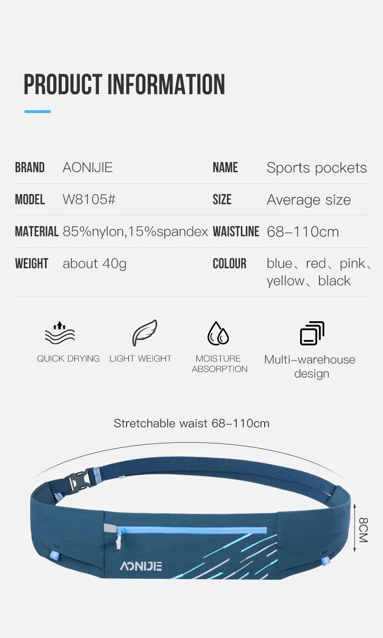 Aonijie W8105 Lightweight Comfortable Running Waist Bag Belt Hydration Fanny Pack Sports Pockets For Jogging Fitness Gym Hiking