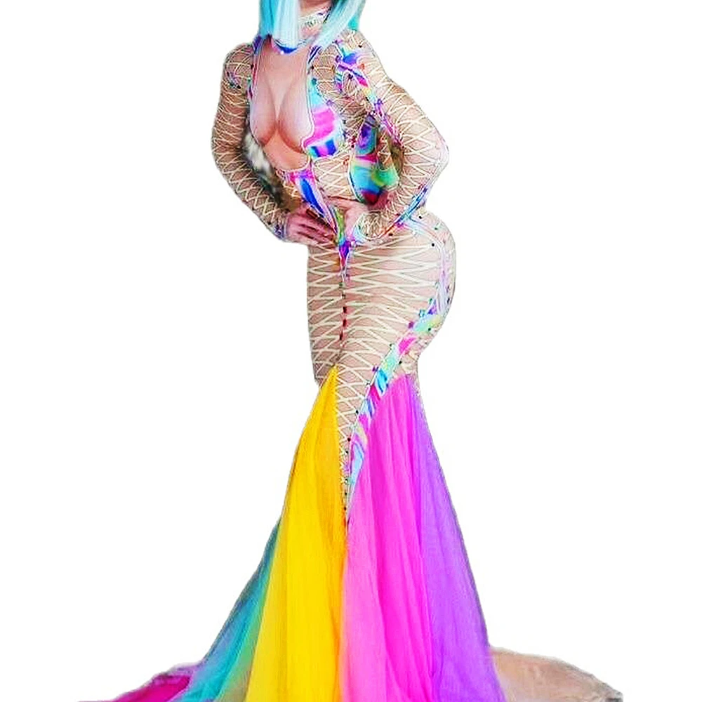 Women Multicolor Mesh Gauze Dress Striped Pattern Printing Rhinestones Long Sleeve Floor-Length Nightclub Dance Show Wear