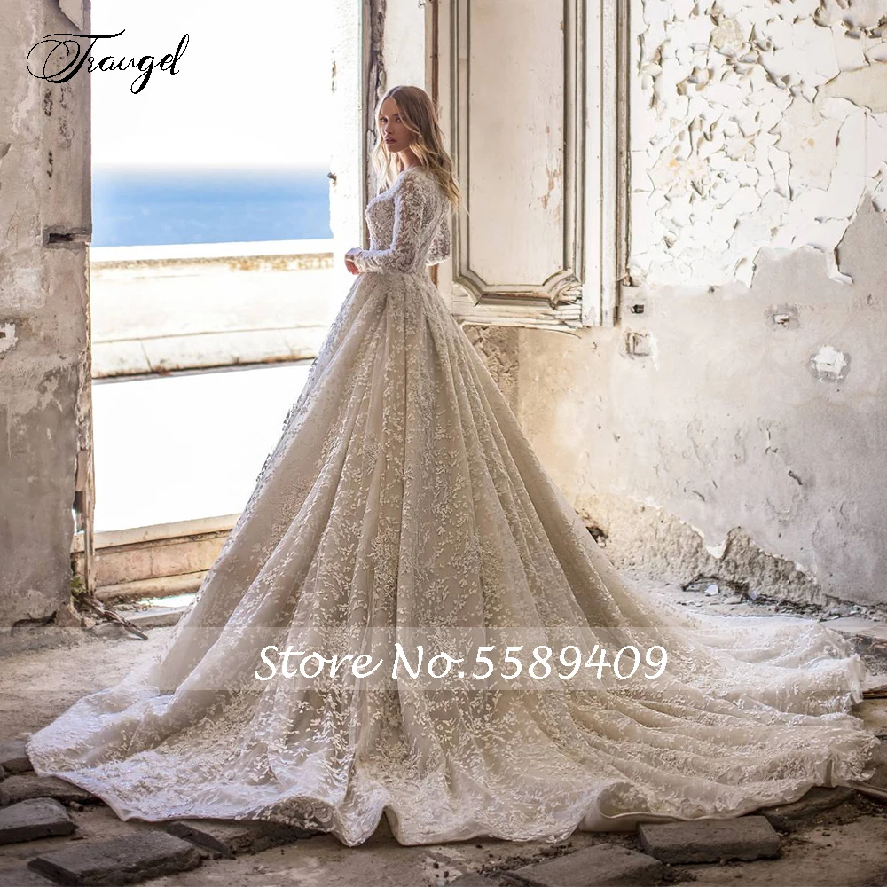 Traugel V Neck A Line koronkowe suknie ślubne elegancka aplikacja z długim rękawem Zipper Bride suknie kaplica pociąg suknie ślubne Plus rozmiar