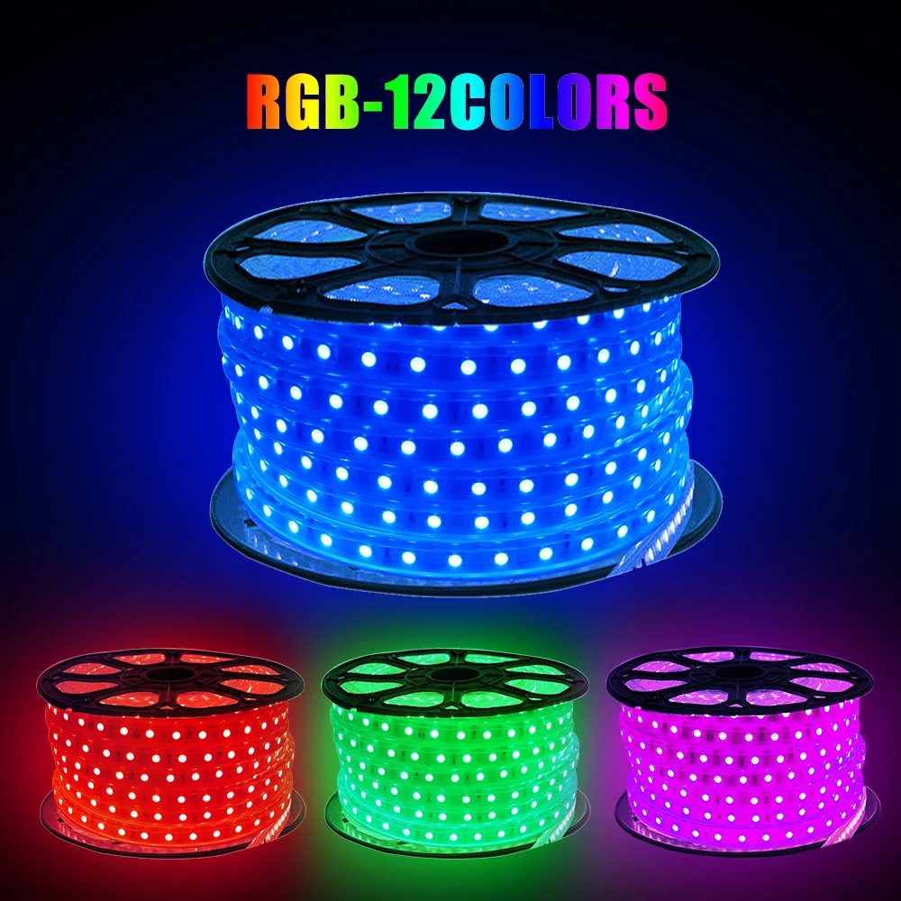 RGB 5050 Led Strip Light 220V 60LEDs/M Outdoor Waterproof Led Tape Ribbon Remote Control Flexible Led Stripe Rope EU Power Plug