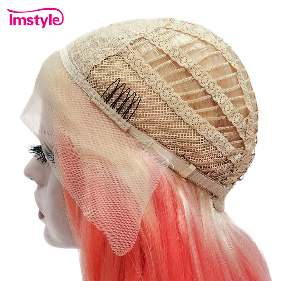 Imstyle Synthetische Lace Front Pruik Ombre Oranje Rode Pruiken Voor Vrouwen Hittebestendige Vezel Lange Golvende Multicolor Pruiken