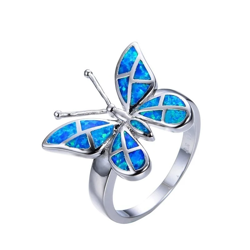 Cute Butterfly Animal Design Ring Imitation Blue Fire Opal Ring For Women Accessories Jewelry Bohemian Statement Girl Gift