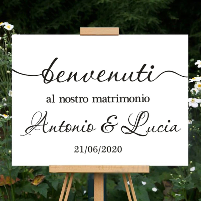 Italian Version Wedding Sign Stickers Custom Bride Groom Names Vinyl Mural Wedding Welcome Mirror Decals Décor Removable O309