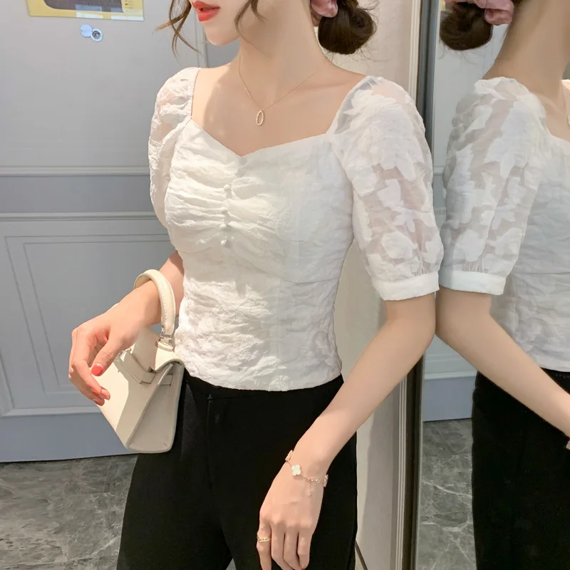 Square Neck Lace Shirt Puff Short Sleeve Chiffon Shirt Top Splicing Printed Floral Blouse Women 2020 Summer New White Crop Tops