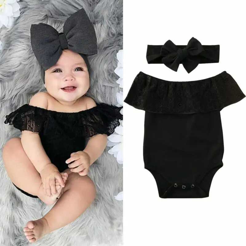 2024 Sweet Black Bodysuit 2pcs Newborn Baby Girl Clothes Off Shoulder Lace Ruffle Jumpsuit Playsuit+Headband Summer Outfit