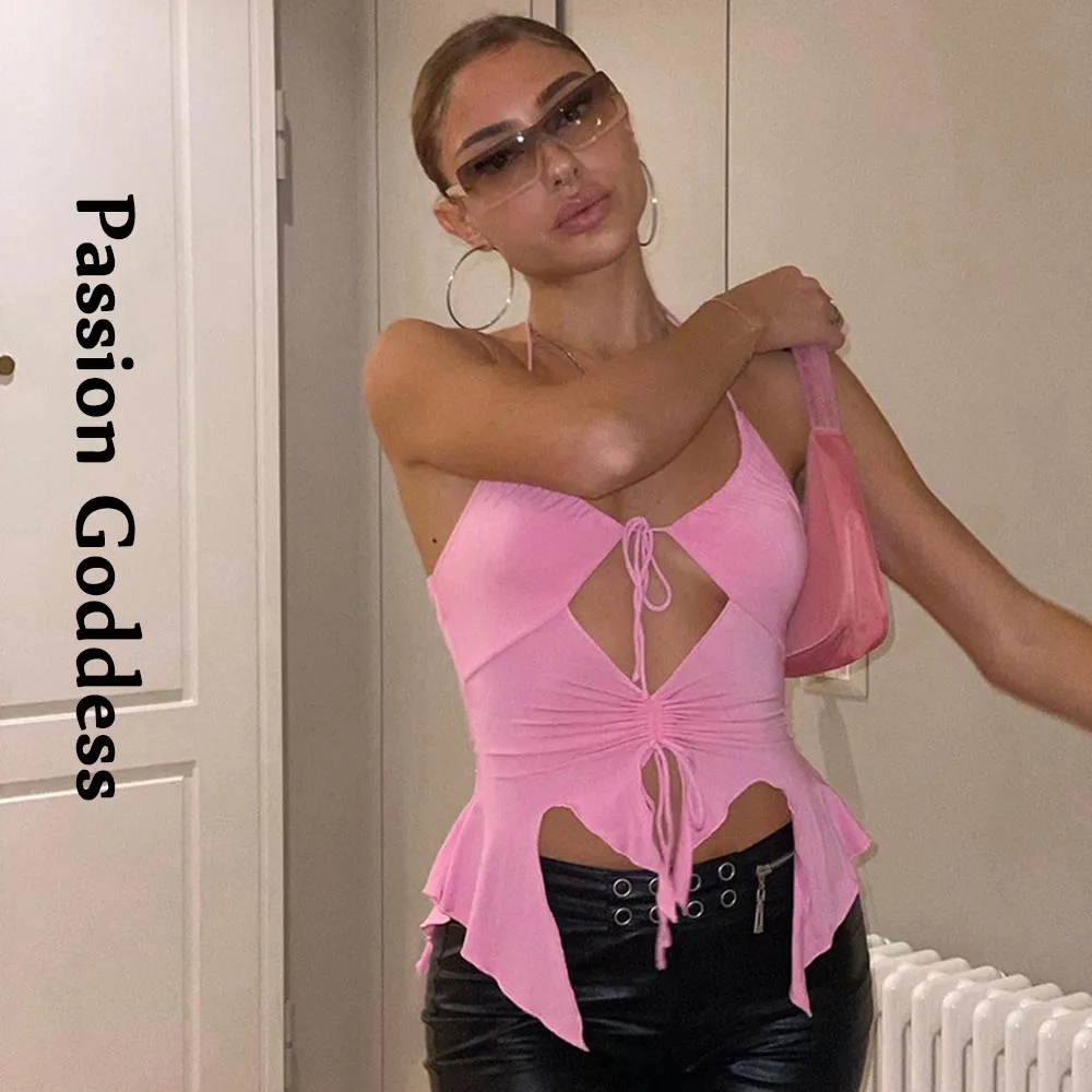 Y2K Girls Sexy Women Cut-out Slim Camis Tops Pink Halter Bandage Drawstring Camisole Femme Party Nightclub Crop Top Summer