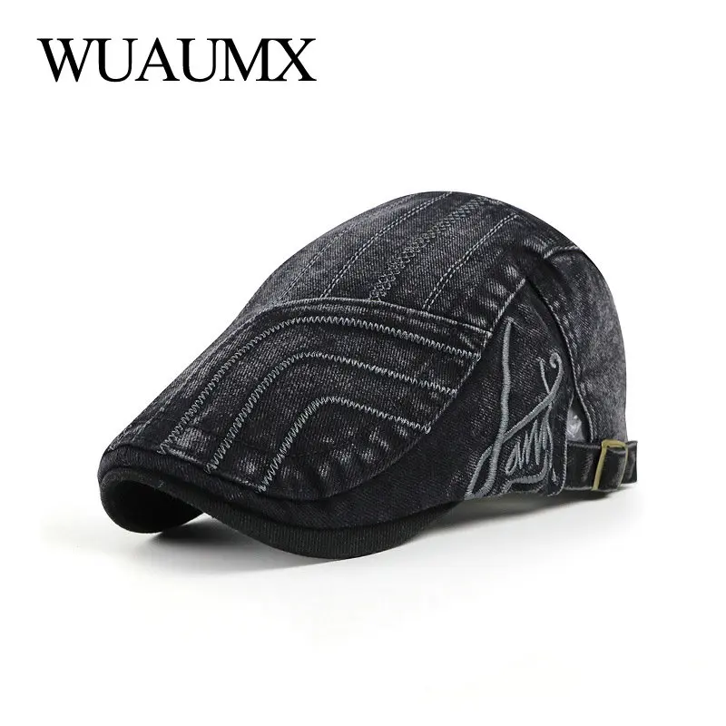 NEW Spring Men\'s Beret Hats Striped Flat Peaked Cap Women Washed Denim Herringbone Cap Visors Adjustable gorras hombre