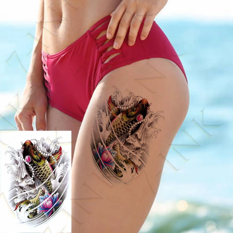 Temporary Tattoo Stickers Ukiyoe Yellow Spray Koi Red Lotus Art Waterproof  Water Transfer Tatto Fake Flash Tatoo for Women Men