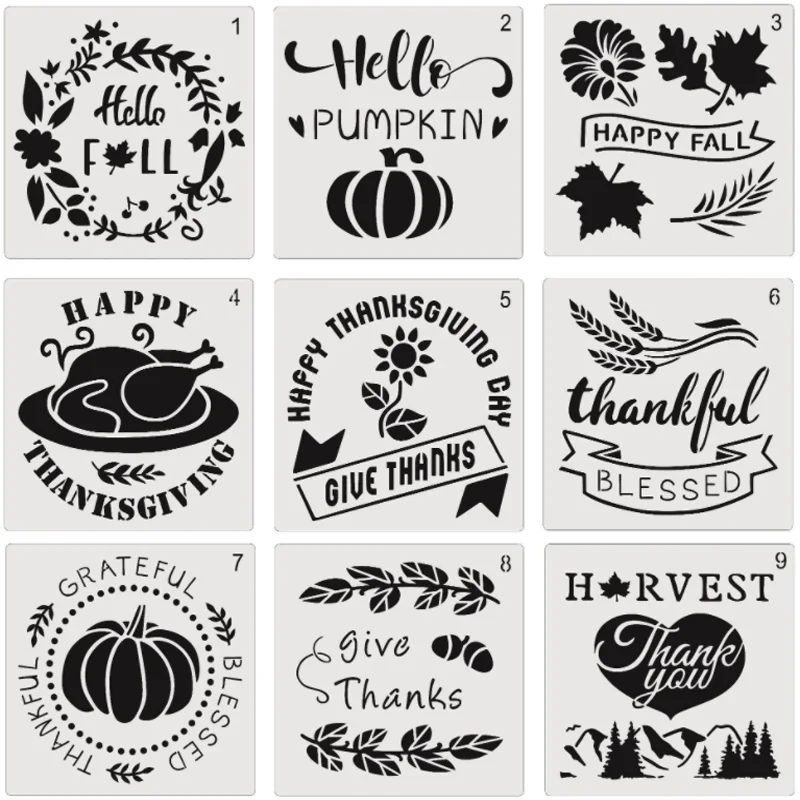 

9pc 20*20cm Thanksgiving Stencil DIY Wall Layering Painting Template Decor Scrapbooking Embossing Album Supplies