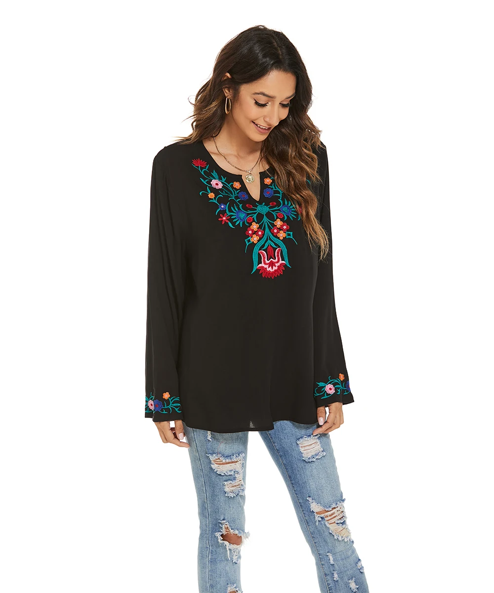 Floral Boho Embroidery Blouse for Women, Mexican Black Vintage Blouse, Long Sleeve, Plus Size, Ethnic Top