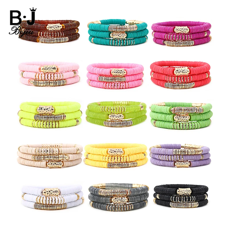 3 Pcs/set Round Soft Polymer Paiette Bracelets For Women New Fashion Elastic Jewelry Disk Flat Chip Fimo Bracelet Femme BCSET327