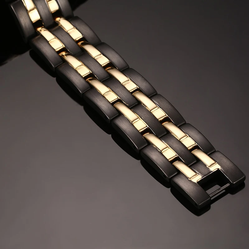 Vinterly Health Bracelets Mens Hand Chain Black Gold-color Energy Magnetic 15mm Wide Stainless Steel Jewelry For Male Waterproof