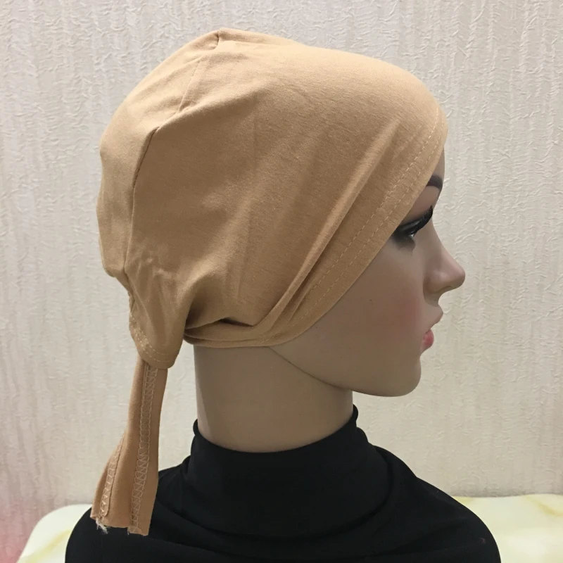 H048 Plain Cotton Tie Back Hats Muslim Turban Pure Color Stretch Inner Hijabs Underscarf Women Head Scarf Under Hijab Bonnet