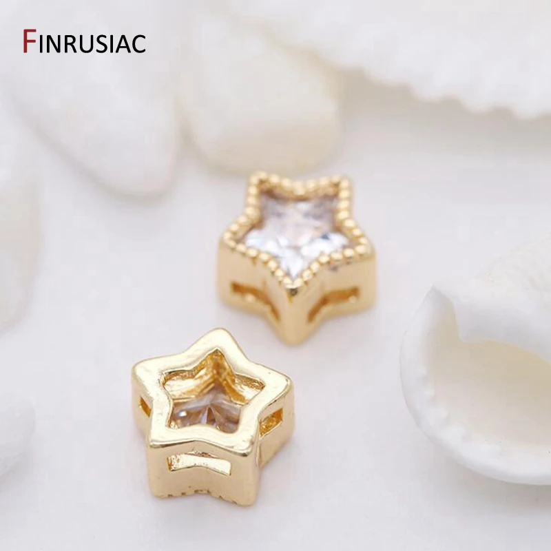 14K Gold Plated Inlaid Zircon Pentagram Spacer Beads Accessories,High Quality Brass Metal Loose Beads DIY Jewelry Making Craft
