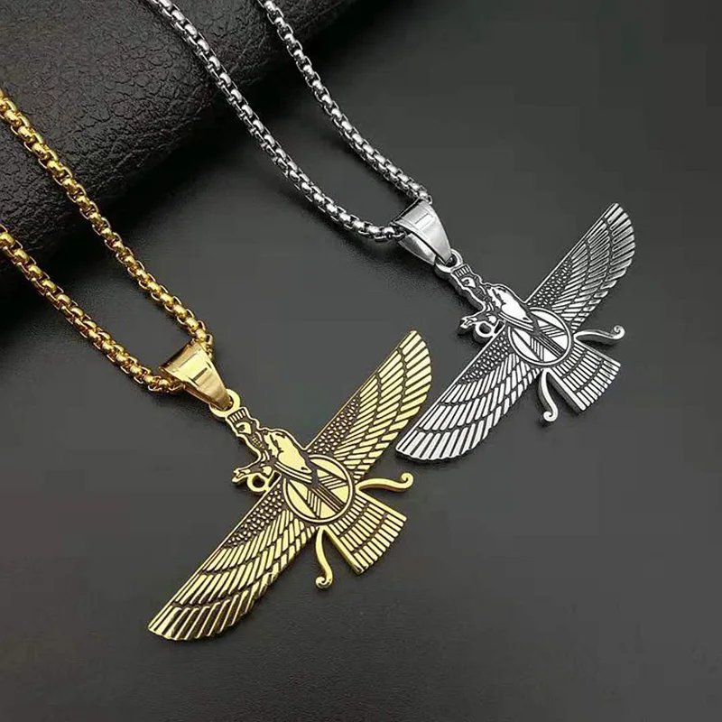 

Hip Hop Rock Stainless Steel Iran Faravahar Ahura Mazda Pendant Necklace for Men Zoroastrian Jewelry Gold Silver Color