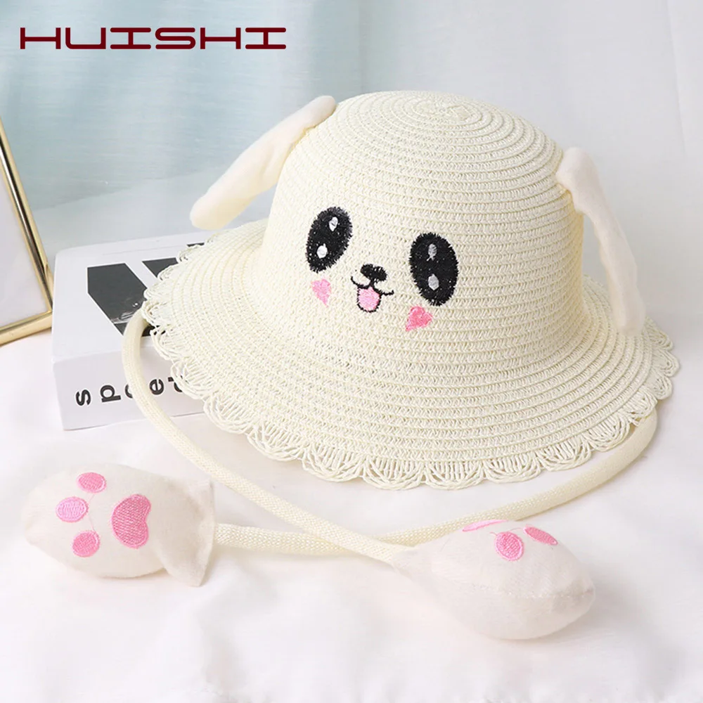 HUISHI Summer Hat For Baby Girl Straw Cute Cartoon Dance Airbag Ears Rabbit Hat For Kids Boy Girls Beach Panama Cap Foldable