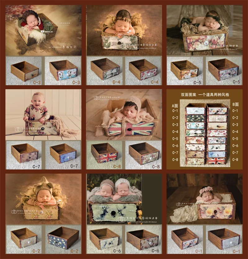 

Newborn Photography Prop Baby Studio Props Photo Accessories Drawer Frame Two Sides Printing Infant Shoot Pose Assist Furniture