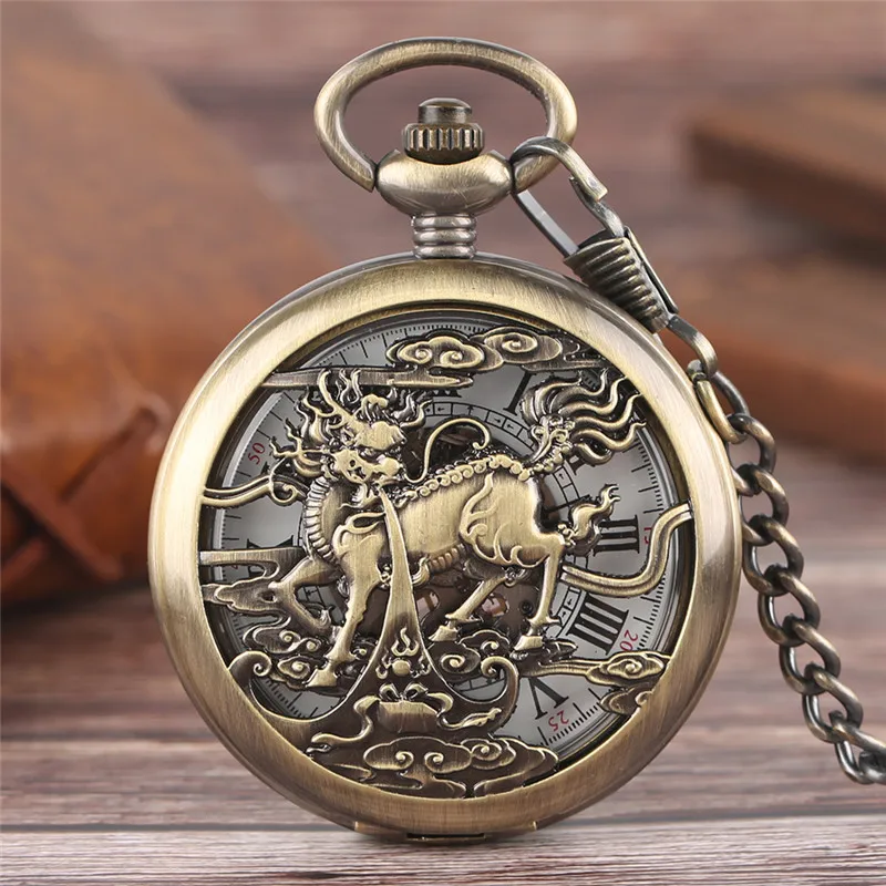 Retro Hollow Kylin Men Women Automatic Mechanical Pocket Watch Fob Chain Pendant Clock Roman Numeral Skeleton Timepiece