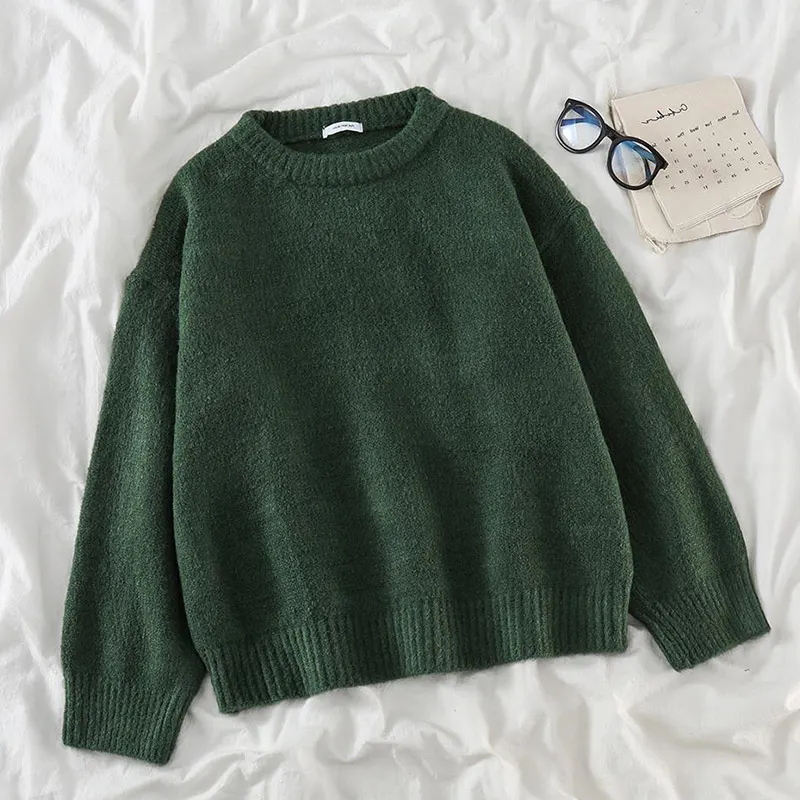 Winter Pullover Sweater Women Knitted Sweaters Solid Dark Green Long Sleeve Top Soft Warm Pullovers Jumper Sueter Mujer