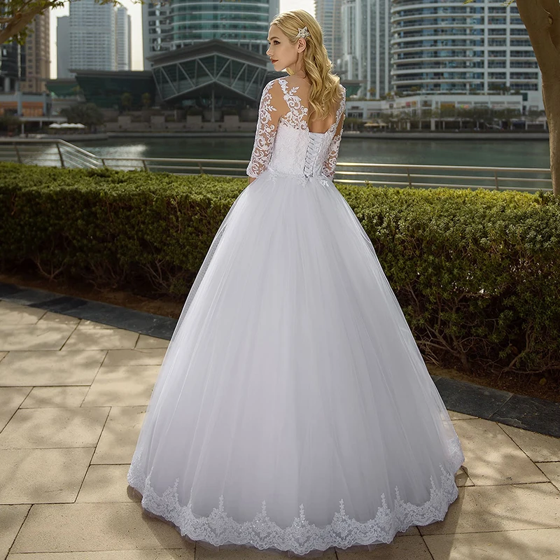 Customized Modest Tulle A-line Half Sleeve Wedding Gowns 2021 O-neck Lace Appliques Plus Size Bridal Dress With Lace-up