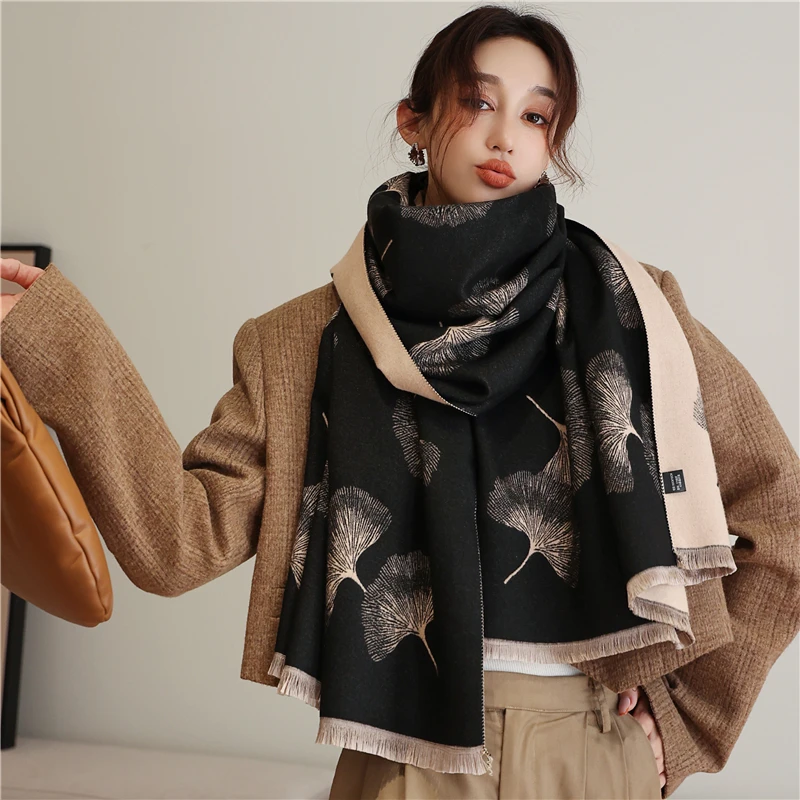 New Ginkgo Print Cashmere Blend Scarves Shawls Ladies Thick Large Size Pashmina Tassel Mujer Bufanda Spring Autumn Wraps Hijab