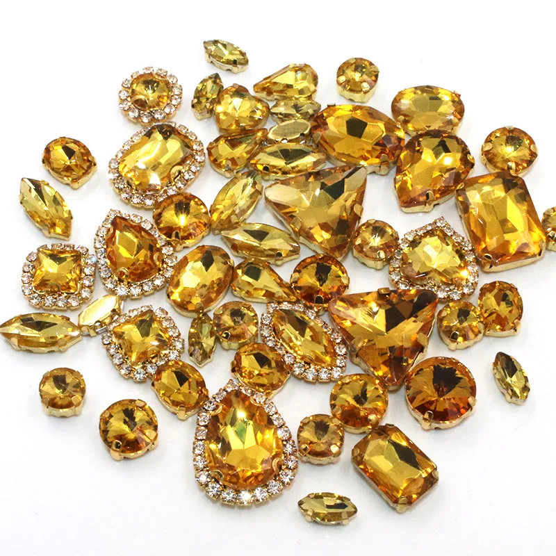 50pcs/Bag Golden Yellow Mixed Shape Sew on Glass Rhinestone Gold Claw Crystal Buckle Diy Wedding Decoration Clothes/Shoe/Dress