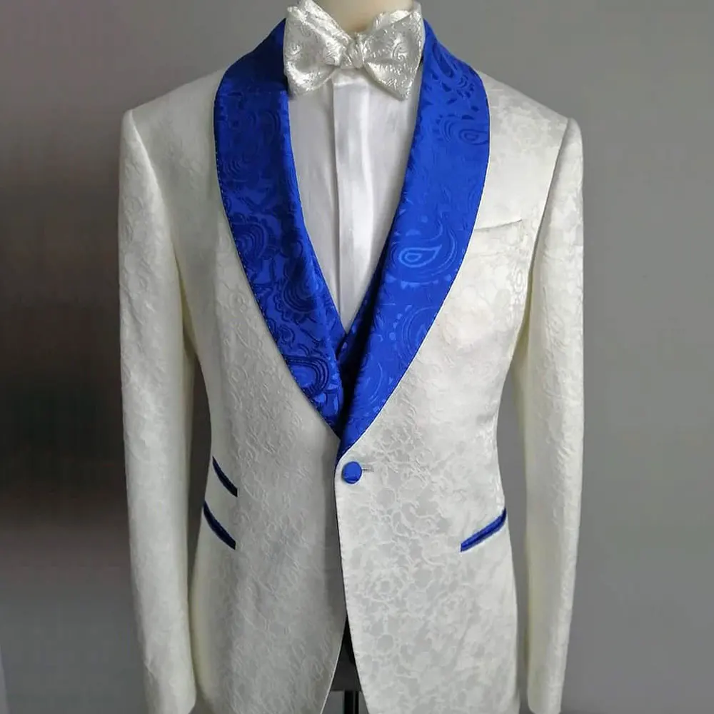 

White Jacquard Weave Men's Jacket Shawl Lapel Tailored Office Tuxedos For Wedding Suits Groom Wear One Button Blazers Prom Vest