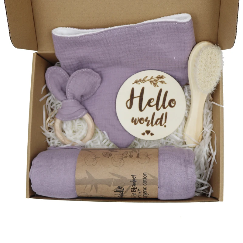 100% Organic Cotton baby bath brush set toy bunny teether rattle milestone new born Gift Sets With Gift Box