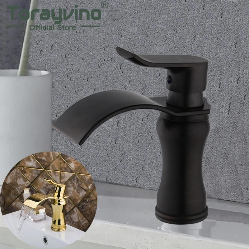 

Bathroom Hot And Cold Faucet Mixer Brass Gold & ORB Black Faucets Badkraan Waterval Waterfall Spray Basin Tap Deck Mounted Taps