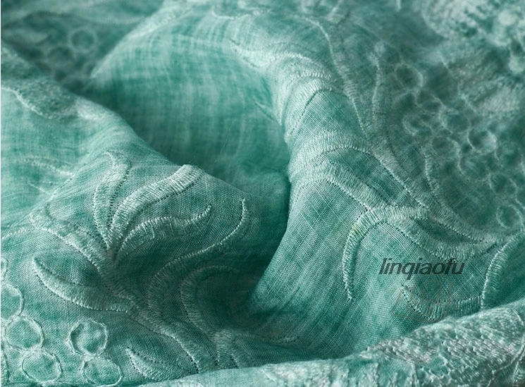 Summer thin green embroidered dress robe clothing cotton and linen fabric  High-end linen fabric