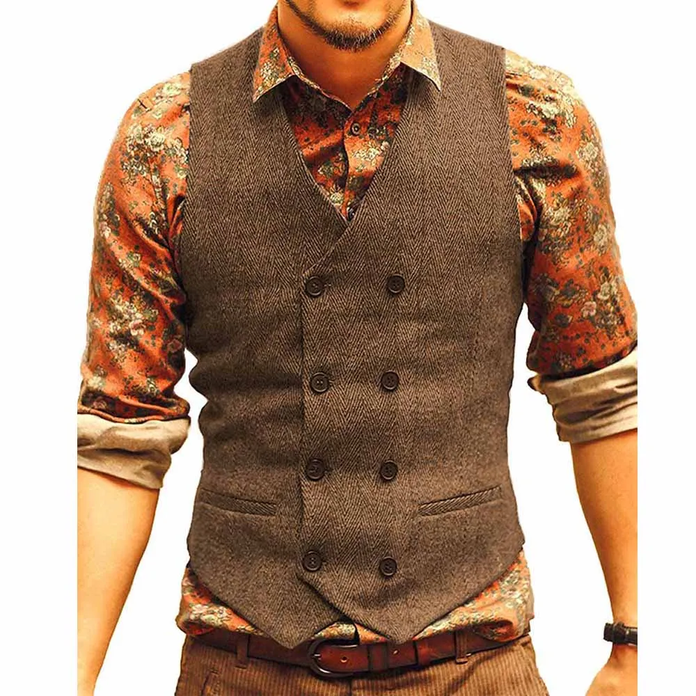 Men Vests for Groomman Wedding Groom Wear Vest Tweed Custom Waistcoat Brown Black Clothing Jacket Steampunk Bride Tuxedo