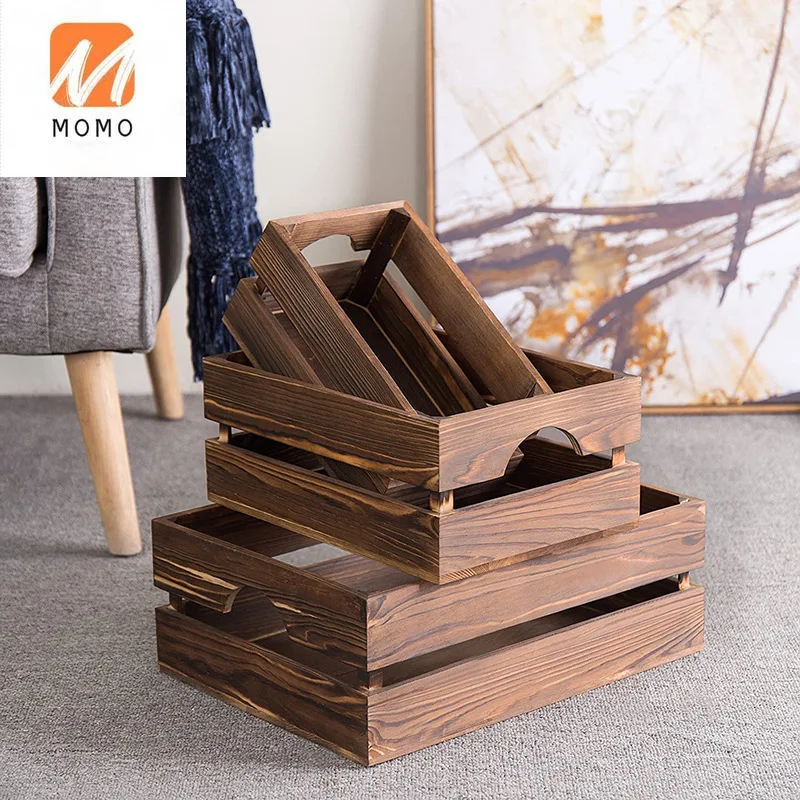 Wooden crate American retro sundries storage basket hollow fruit and vegetable storage frame kitchen bedroom storage