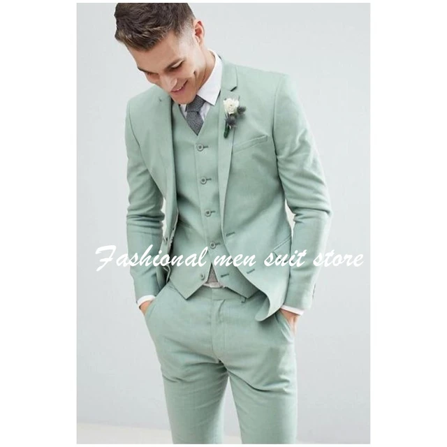 Traje verde claro para hombre 3 piezas solapa de muesca moda novio boda Terno Blazer ajustado chaqueta pantalon chaleco
