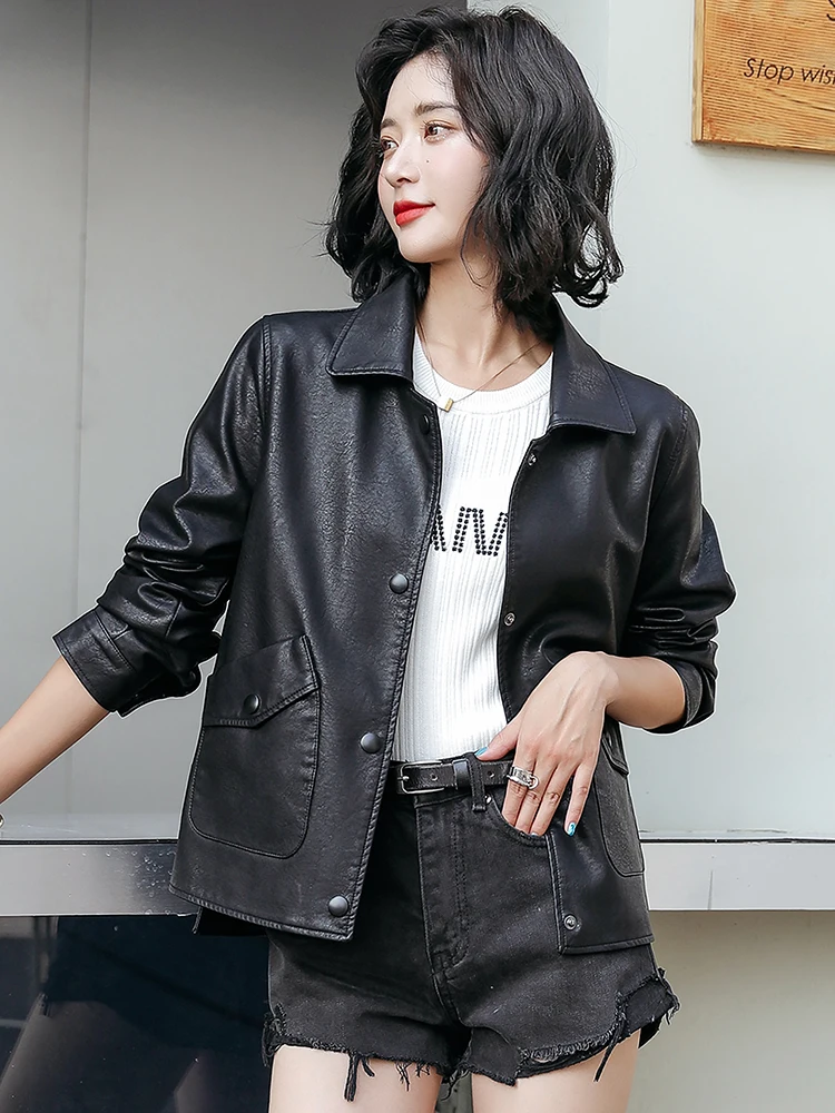 New Women Biker Leather Jacket Spring Autumn 2024 Fashion Solid Long Sleeve Loose Short Sheepskin Leather Outerwear Casual Tops