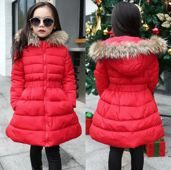 Girl Coats Warm Fur Collar Hooded long down Coats For Kids Outerwear