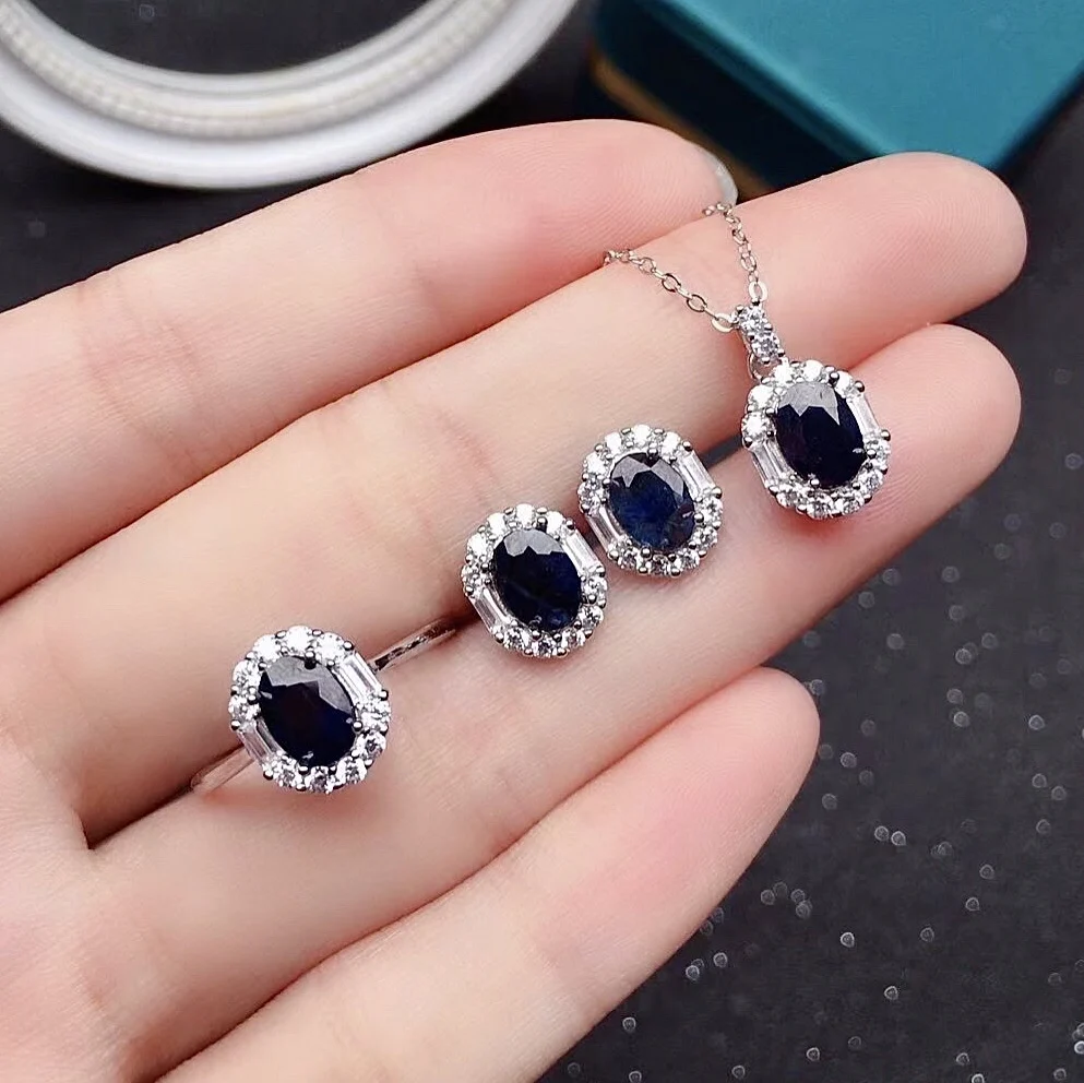 

100% Natural Black Sapphire Jewelry Set for Party 5*7mm Chinese Black Sapphire Ring Earrings Pendant 925 Silver Sapphire Jewelry