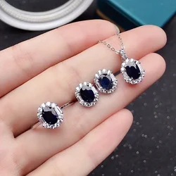 100% Natural Black Sapphire Jewelry Set for Party 5*7mm Chinese Black Sapphire Ring Earrings Pendant 925 Silver Sapphire Jewelry